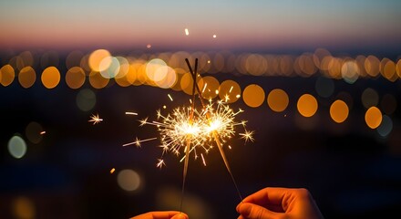 Two sparklers held by hands with bright bokeh lights in background at dusk, celebrating new year or special occasion