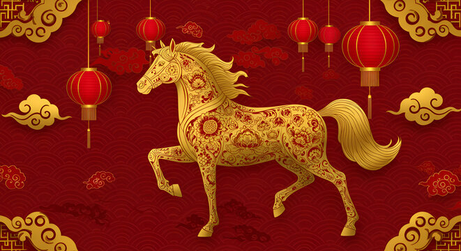 Majestic golden horse adorned with intricate floral patterns gallops through vibrant red and gold festive Chinese New Year celebration with lanterns - Powered by Adobe