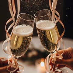 Hands toasting with champagne glasses adorned with ribbons for special celebration