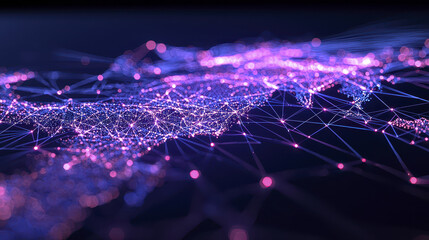 Data visualization map showcasing interconnected nodes and lines vibrant purple and blue hues, representing complex networks