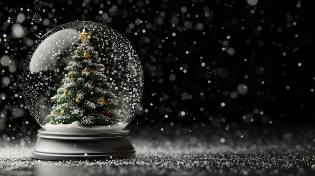 Winter Wonderland within a Sphere: Capturing the festive season's essence with a snow globe holding a detailed christmas tree, encapsulated in a winter scene, under a gentle snowfall.
