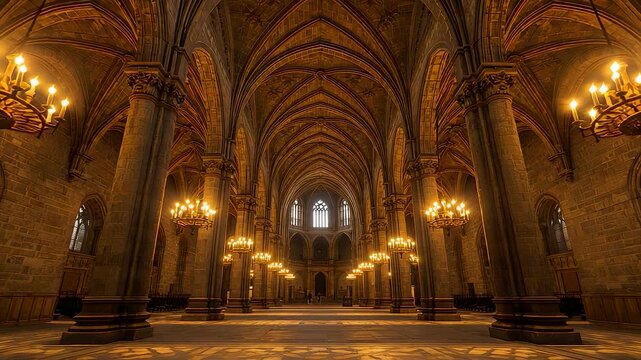 Majestic cathedral interior with ornate gothic arches and glowing chandeliers illuminating the grand stone hall under warm golden light