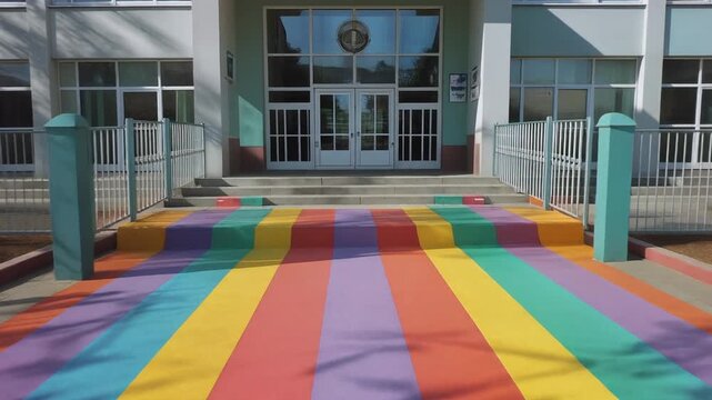 Modern Elementary School Entrance with Accessibility Ramp in Sunny Day