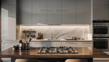 Sophisticated Modern Kitchen with Sleek Grey Cabinetry and Marble Backsplash; Ideal for luxury residential real estate, contemporary interior design portfolios, and premium home lifestyle branding.