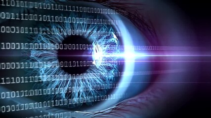 Close-up of a blue eye with digital binary code overlay and light beams - Powered by Adobe