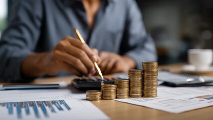 Business professional analyzing financial data and calculating metrics with coins and charts in a modern office environment - Powered by Adobe