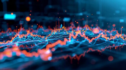 Abstract financial chart with glowing blue and red digital data points showing stock market analytics and business economic growth trend - Powered by Adobe