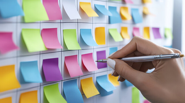 Colorful sticky notes on board with hand writing on note, representing organization and brainstorming in creative workspace