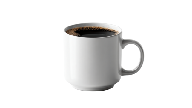 White ceramic mug filled with hot dark coffee