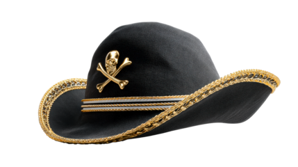 Black Pirate Hat with Gold Skull and Crossbones Emblem