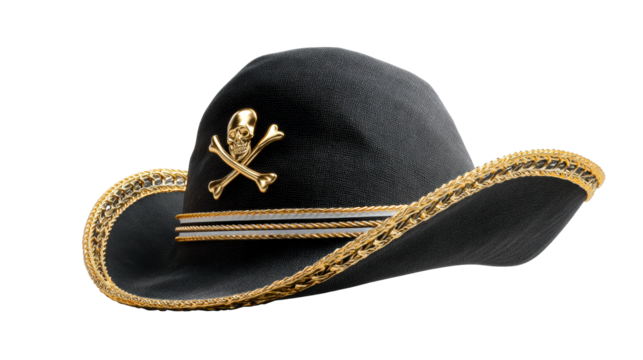 Black Pirate Hat with Gold Skull and Crossbones Emblem