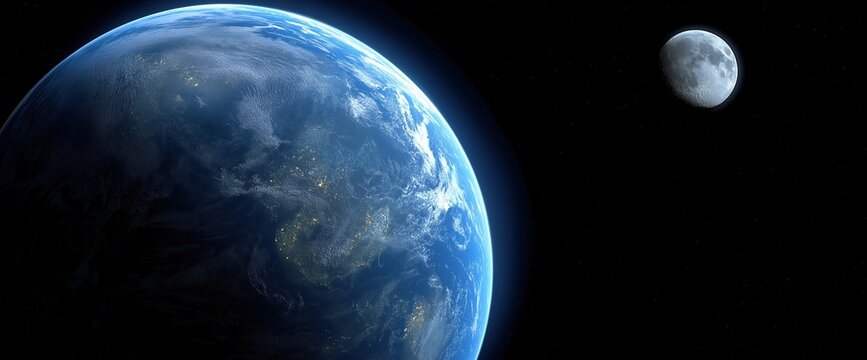 abstract planet earth close-up view from space with blue and white colors on a black background.