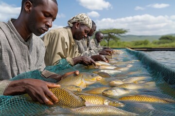 an african fish farmer is carefully feeding the distressed carp in his pond, while others work on containing them with plastic nets and semi persona rectangular planes of water.