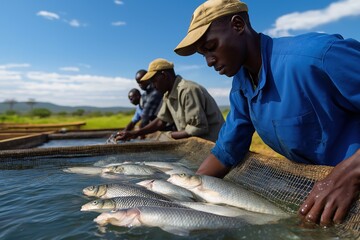 an african fish farmer is carefully feeding the distressed carp in his pond, while others work on containing them with plastic nets and semi persona rectangular planes of water.