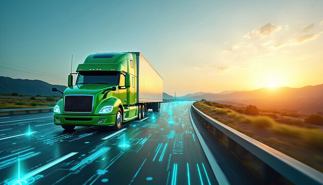 Green futuristic truck drives on highway with digital data overlay. Advanced autonomous navigation system guides vehicle through landscape at sunset. Smart logistics, eco transport solution.