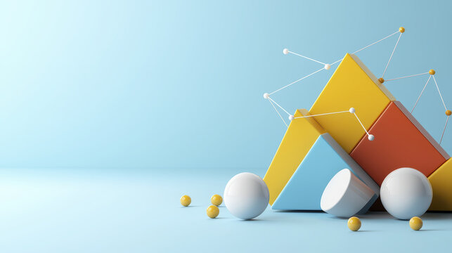 Dynamic composition of geometric shapes including triangles, spheres, and lines soft blue background evokes creativity - Powered by Adobe