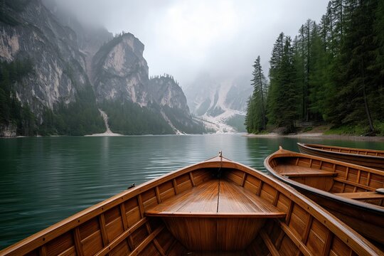 photograph of braies lake in the dolomites with wooden boats at the dock, foggy weather, and mountains in the background, italy.