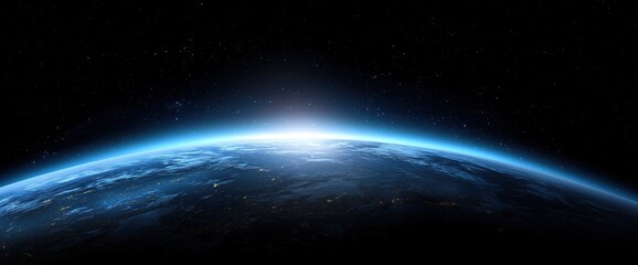 abstract planet earth close-up view from space with blue and white colors on a black background. 