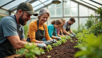 Adults attend gardening workshop in greenhouse. Group plants seedlings in soil with gloves. People learning about horticulture, sustainable lifestyle from teacher. Woman smile during eco course