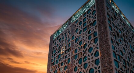 Modern Building with Intricate Facade Against a Vibrant Sunset Sky.