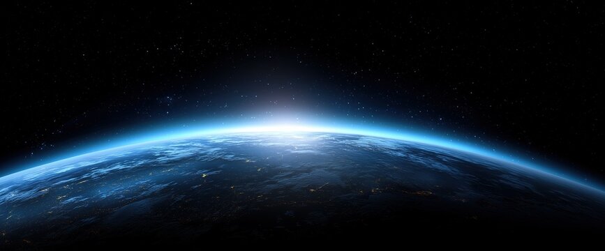 abstract planet earth close-up view from space with blue and white colors on a black background. 