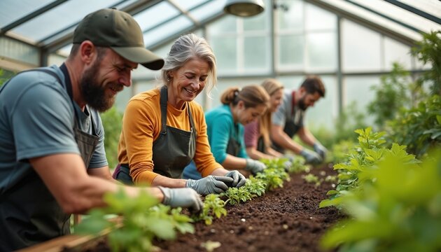 Adults attend gardening workshop in greenhouse. Group plants seedlings in soil with gloves. People learning about horticulture, sustainable lifestyle from teacher. Woman smile during eco course