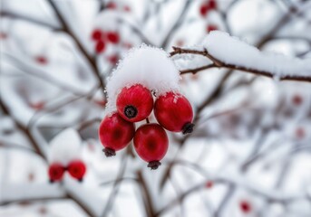 Bright Red Winterberries and Rose Hips on Snow Covered Branches with Macro Detail and Contrasting Colors