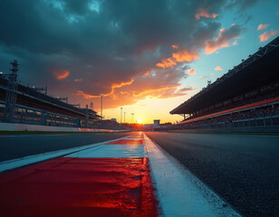Obraz premium Dramatic sunset over Formula 1 race track. Asphalt circuit features bold red, white lines. Grandstands filled with spectators line circuit. Sky shows vibrant orange, blue colors at twilight. Modern