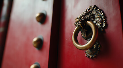 Intricate dragon door knocker on a red wooden door. The dragon's head is holding a metal ring. The door's design represents a traditional architectural style.