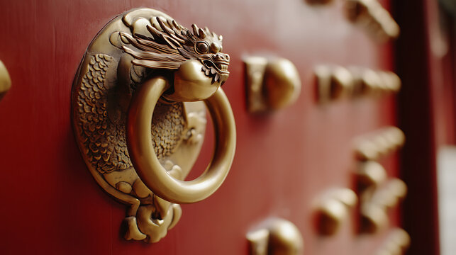 A striking image of a traditional Chinese door knocker, shaped like a dragon, mounted on a red door. It exudes cultural richness, ornate design, and historical depth.
