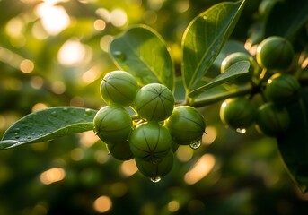 Obraz premium Fresh green gooseberry fruit on a branch with morning sunlight bokeh