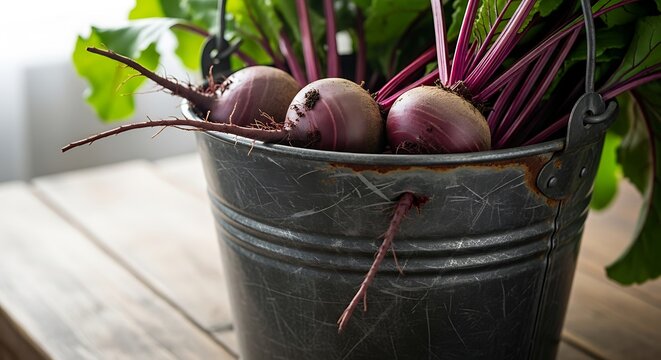 Freshly Harvested Beets in Rustic Bucket Displayed on Wooden Surface