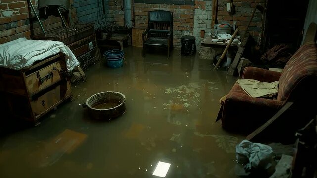 Abandoned basement room filled with floodwater after heavy rain with damaged furniture, reflections on murky water and dim ambient light