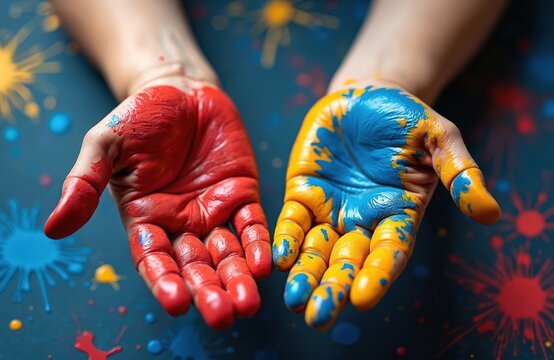 Hands covered in red and blue paint splatters. Child palms open showing colorful paint, with yellow and blue bursts in background. Creative expression, art class fun.