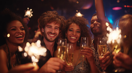 Celebration with Sparklers: A group of friends is engrossed in jubilant celebration, lighting up sparklers and raising champagne glasses.