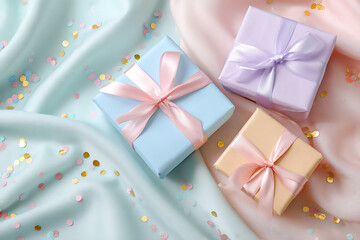 Delightful pastel gift boxes tied with satin ribbons and scattered confetti create a festive, celebratory mood for any special occasion.