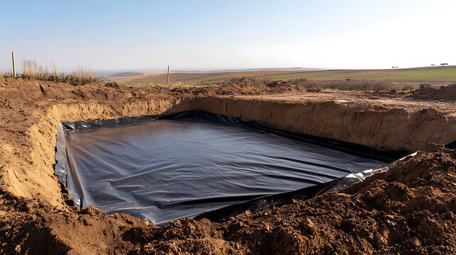 An in-ground pond is being constructed and the pond is covered with a black plastic pond liner.  The landscape stretches out in the background on a sunny day.