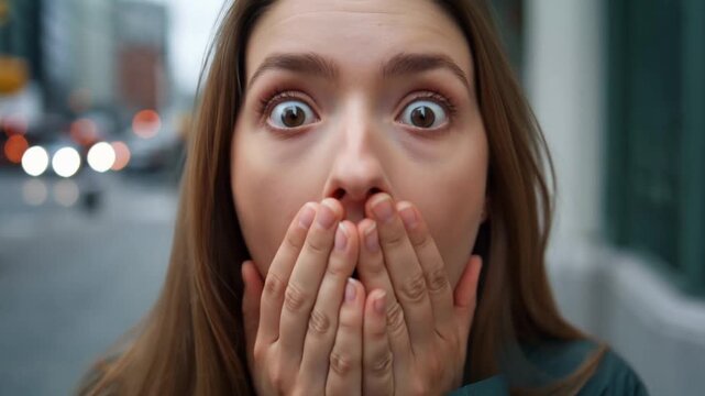 A woman with an expression of shock, covering her mouth with hands Stock Video
