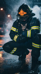 Fototapeta premium Firefighter sheltering a rescued cat in rain, reflective gear and steam