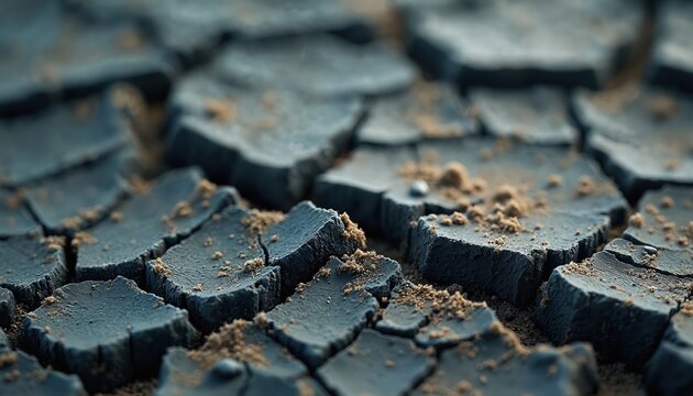 Closeup of desiccated gray ground with sand texture. Parched earth cracks, splits from severe drought creating barren wasteland. Arid soil pattern desertification global warming water scarcity,
