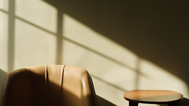 Sunlit stillness: A tan chair and small table sit quietly as geometric shadows dance on a wall, creating a peaceful, modern aesthetic.