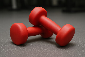 Red dumbbells on gym floor, fitness equipment for strength training