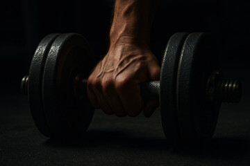 Powerlifter gripping heavy dumbbell ready for intense strength training
