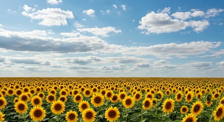 Fototapeta premium Vast Sunflower Field Under a Bright Blue Sky with Fluffy Clouds.