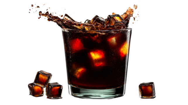 Dark liquid splashing out of a glass with ice cubes