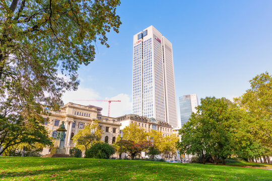 Frankfurt, Germany - October 21, 2025: UBS Skyscraper and Classical Architecture in Frankfurt Park