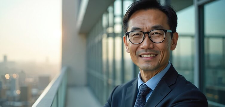 Asian businessman in glasses smiles confidently standing on office building balcony. Mature man wears suit and tie with cityscape background. Successful executive looks smart in urban setting.