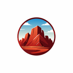 Stylized red rock formation silhouette in a circular frame against sky