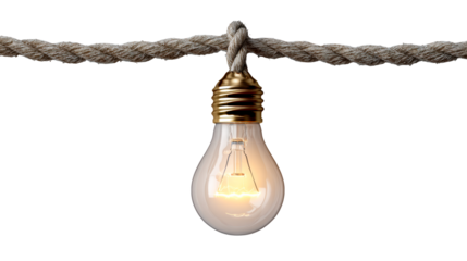 Illuminated light bulb suspended from thick rope