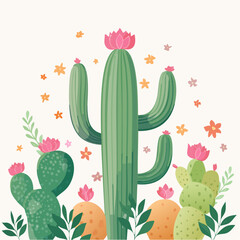 Vibrant cactus illustration with pink flowers and a minimalist design
